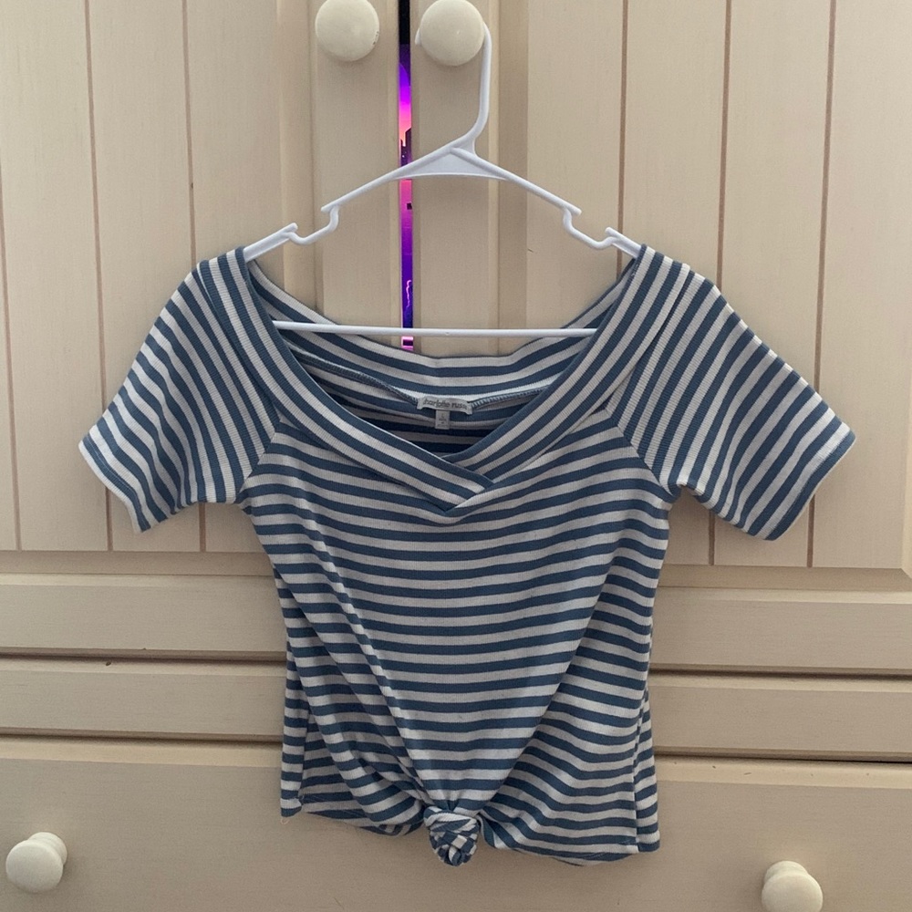 Off the shoulder blue and white striped top